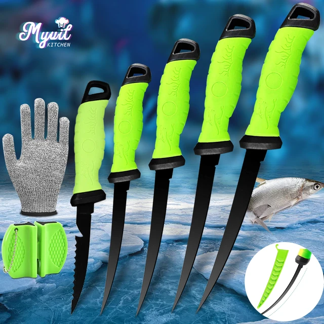 Fillet knife set with sharpener and cut resistant gloves, Bait knife with  sheath, Boning knife