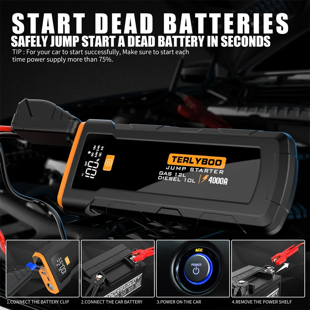 TACKLIFE T8 Car Jump Starter - 800A Peak 18000mAh, 12V Auto Battery Booster