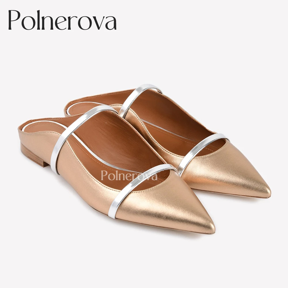 Pointed Toe Flat Mules Classic Designer Style Slippers Colorblocked Concise Flats for Banquet Elegant Leather Slippers for Women
