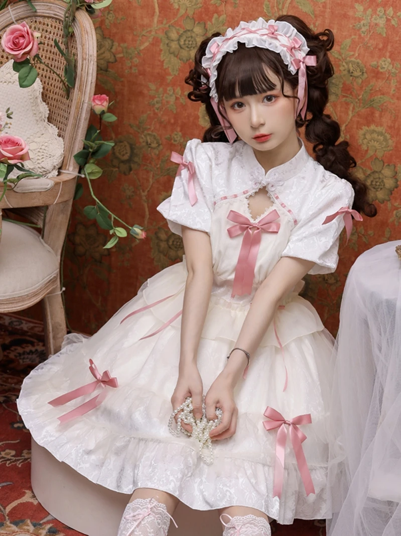 

Lolita Dress Women Sweet Cute Bow Design Sexy Hollow Out Short Sleeve Op Daily Midi Dress 2023 Summer Black Princess Party Dress