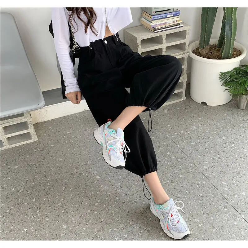 Women's Spring Summer Pockets Solid High Waist Button Zipper Sports Casual Wide Leg Strap Bandage Lantern Trousers Vintage Pants