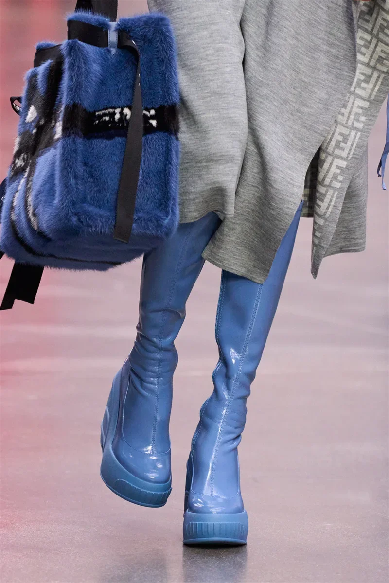 2024 Spring New Slope Heel Thick Bottom Round Toe High Heel Boots Fashion Sexy Cross-border Women's Plus Size Knee-high Boots