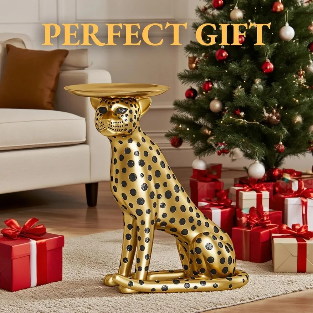 Animal Side Table with Tray Top– Gold Leopard Statue Panther Figurine End Table Art Decor for Home & Gifts