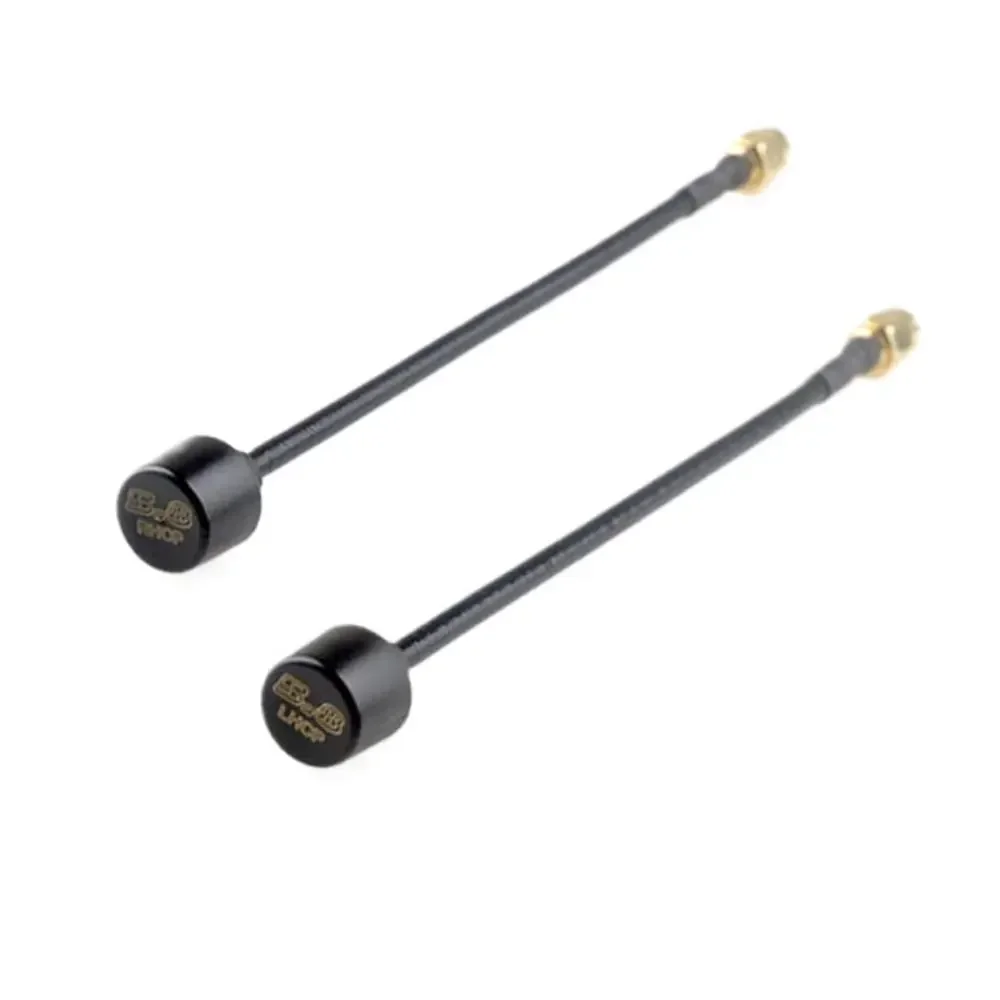 Antenne FPV 5.8 GHz Omni Sucette pour Drone FPV Racer, deux exemplaires côte à côte, l'un LHCP et l'autre RHCP, sur fond noir.