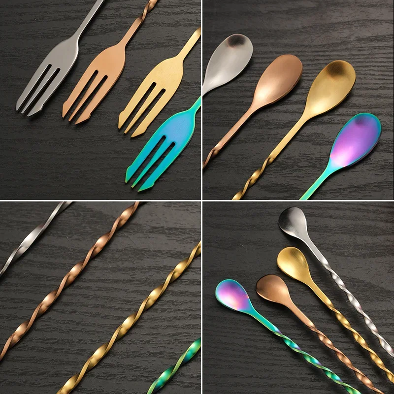 Stainless Steel Bar Stir Spoon Cocktail Spiral Pattern Mixing With Muddler For tender Metal Gold Accessories