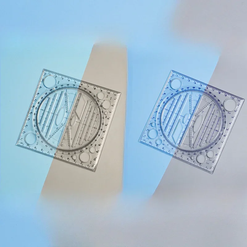 1/2pcs Multi-Functional Geometry Drawing Ruler, Transparent Protractor, Rotatable Ruler, 3D Scale Ruler for Drafting