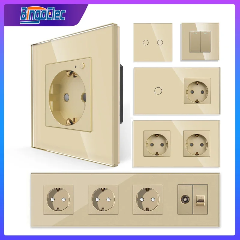 Bingoelec Gold Touch Switch e Tomadas Elétricas Wifi Switch com Tomada Painel de Vidro Cristal Melhoria da Casa
