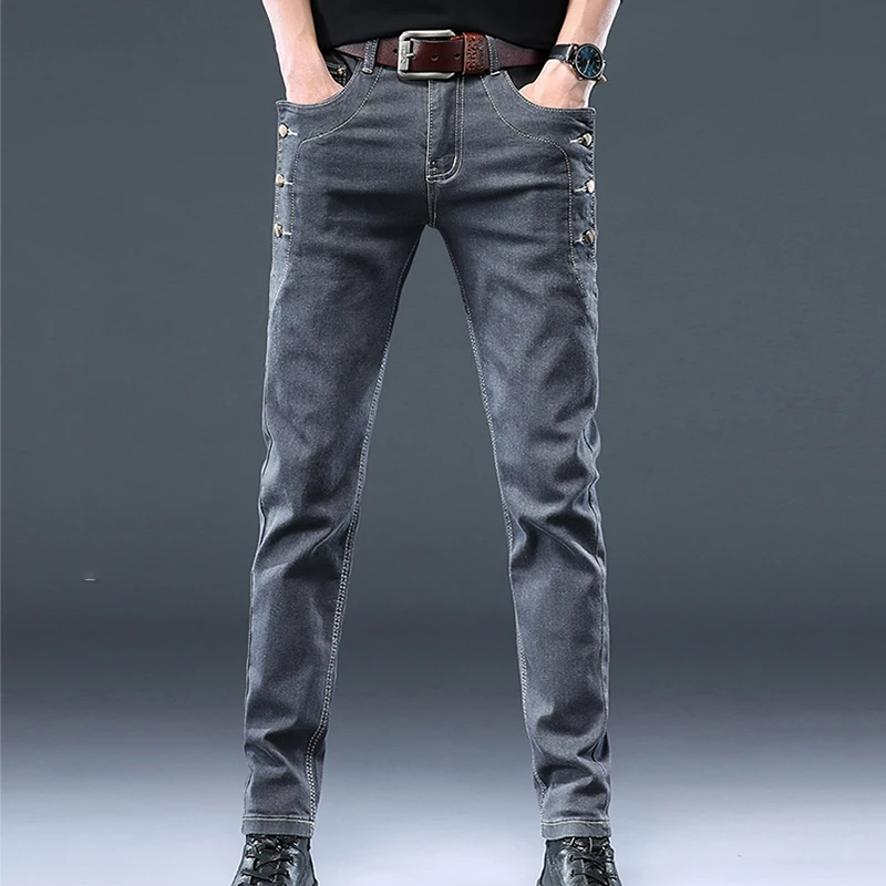 Casual Pants Slim Small Leg Long Men Denim Jeans Korean Version Trendy New Brand High Quality Grey Stretch Fashion Trousers 6