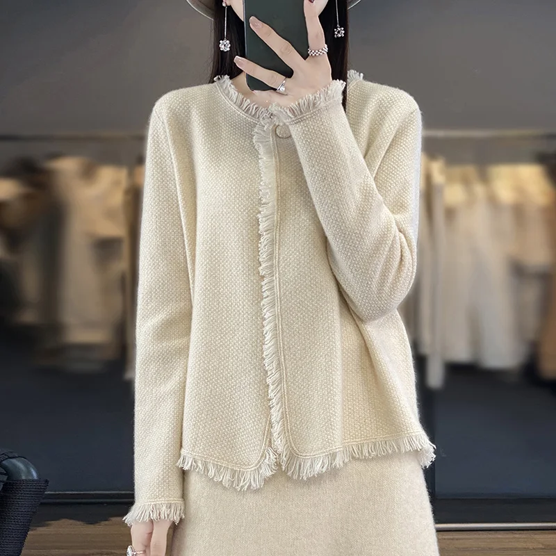 new-100-wool-knitted-coat-in-autumn-and-winter-one-button-cashmere-cardigan-female-tassel-solid-color-blouse-loose-slim-and