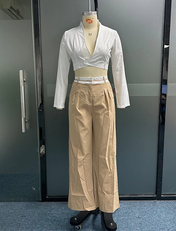 2023 Autumn New Temperament Commuting Fashion Casual Long Sleeves Tops and Pockets Loose Wide Leg Pants 2 Piece Set for Women