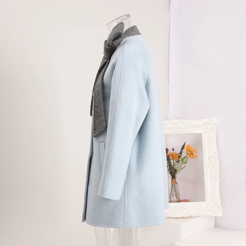 LANMREM Grey And Blue Colorblock Tie Collar Design Women's Double-faced Woolen Coat single Breasted Autumn Witner Clothing G4190 - Image 2