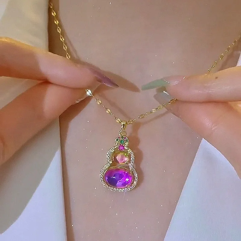 Chinese Lucky Gourd Pendant Necklace for Women Hollow Out Colorful Rhinestones Chokers Trendy Short Clavicle Chain Collar Neck