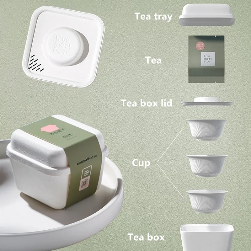 Disposable Tea Set with 3 Cups 1 Filter Plant Fiber Pulp Material Thick Durable for Car Office Travel Outdoor Activities