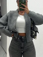 Lightweight & Warm Women's Casual Crew Neck Cardigan  Solid Color Fall Winter Fashion Chic Open Front Design with Chain Detai - Image 3