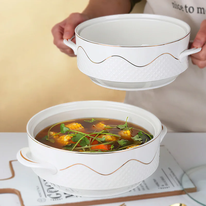 Ceramic Tableware Set Ceramic Soup Bowl Phnom With Glass Cover Handle Salad Fruit Large Noodle Rice Food Pot Home Dessert Breakfast Oatmeal Tableware