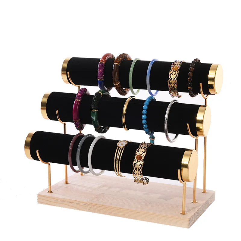 Detachable Bracelet Stand Three Layer Jewelry Display Stand Velvet Display Stand Watch Storage Box Solid Wood Base Gold Display