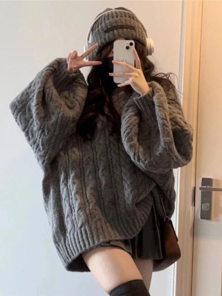 

Deeptown Vintage Gray Oversized Sweater Women Harajuku Hippie V-neck Knitted Jumper Korean Fashion Winter Thick Y2K Tops Grunge