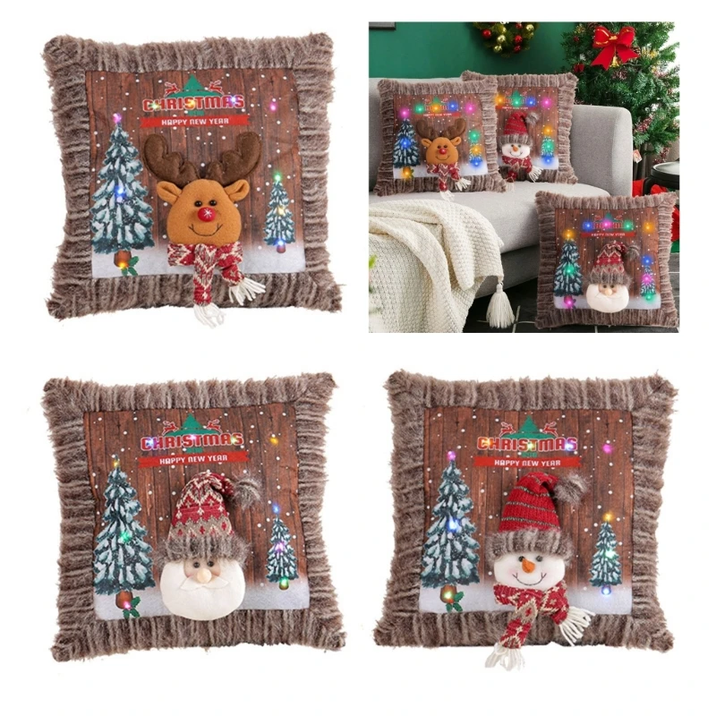 

Creative Christmas Glow Pillowcase Pillow Cover LED Lights, Removable Cover for Sofa Decor Short Plush Fabric Drop Shipping