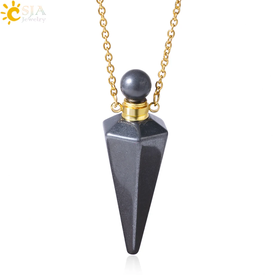 Natural Stone Cone Perfume Bottle Necklace with Healing Clear Quartz Crystal Pendant and Essential Oil Diffuser
