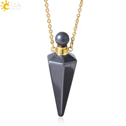 Natural Stone Cone Perfume Bottle Necklace with Healing Clear Quartz Crystal Pendant and Essential Oil Diffuser (Hematite G)