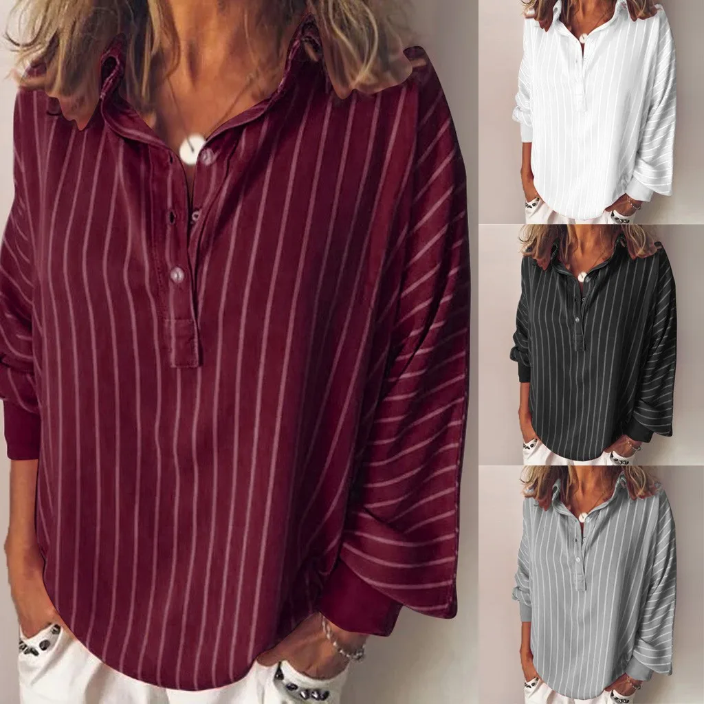 Vantage Woman Striped Lapel Blouse Long Sleeve Button Shirt Top Red Blusas Mujer Male Social Business Pullovers Female