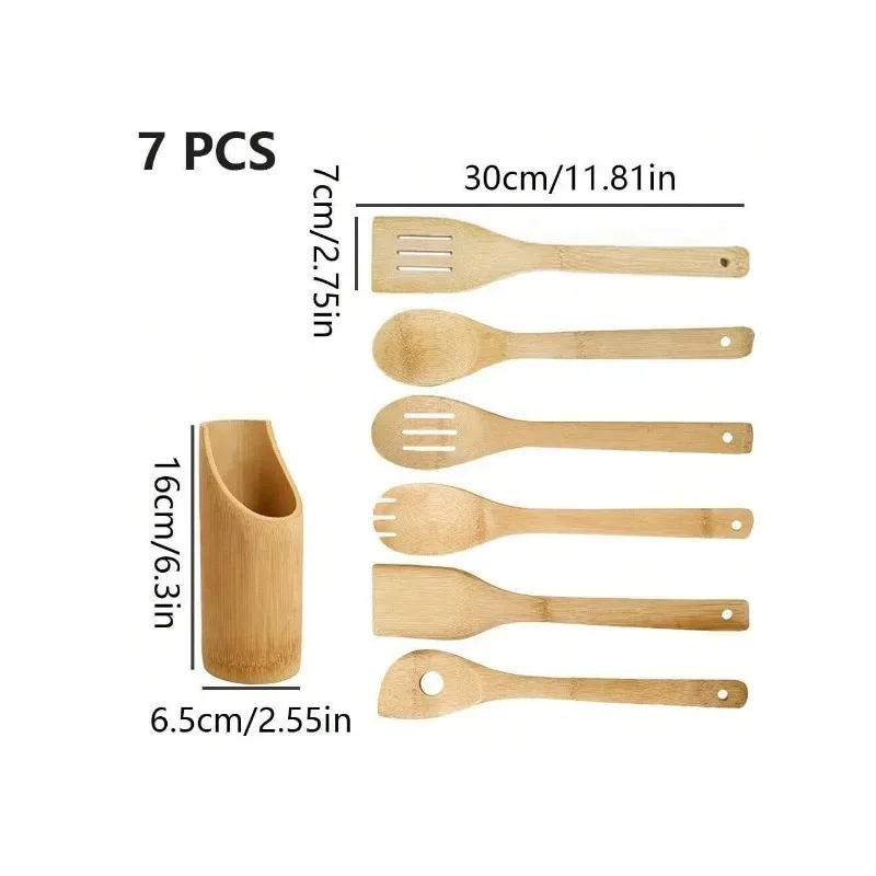 Eco-friendly Bamboo Kitchen Utensil Set Wooden Cooking Tools Non-stick Spatulas and Spoons with Holder for Cooking Baking
