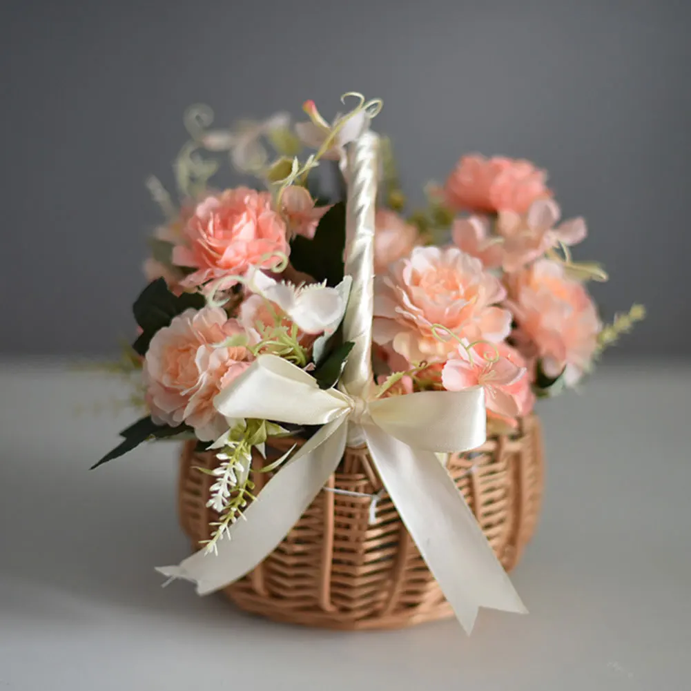 Wicker Rattan Flower Basket with Handle for Wedding Party Decor