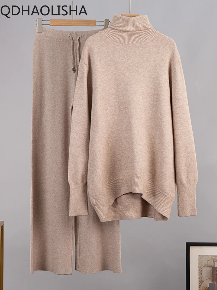 

Women 2 Piece Sets Outfits of Sweater Winter Knitted Pant Sets Turleneck Sweater High Waist Wide Leg Pants Autumn Streetwear