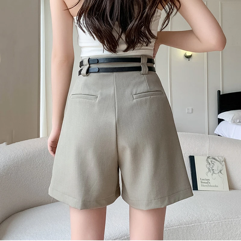 Loose Wide Leg Short Pants Women Casual Streetwear Summer Bermuda Shorts Suits Double Belt High Waist Cargo Short Femme Black