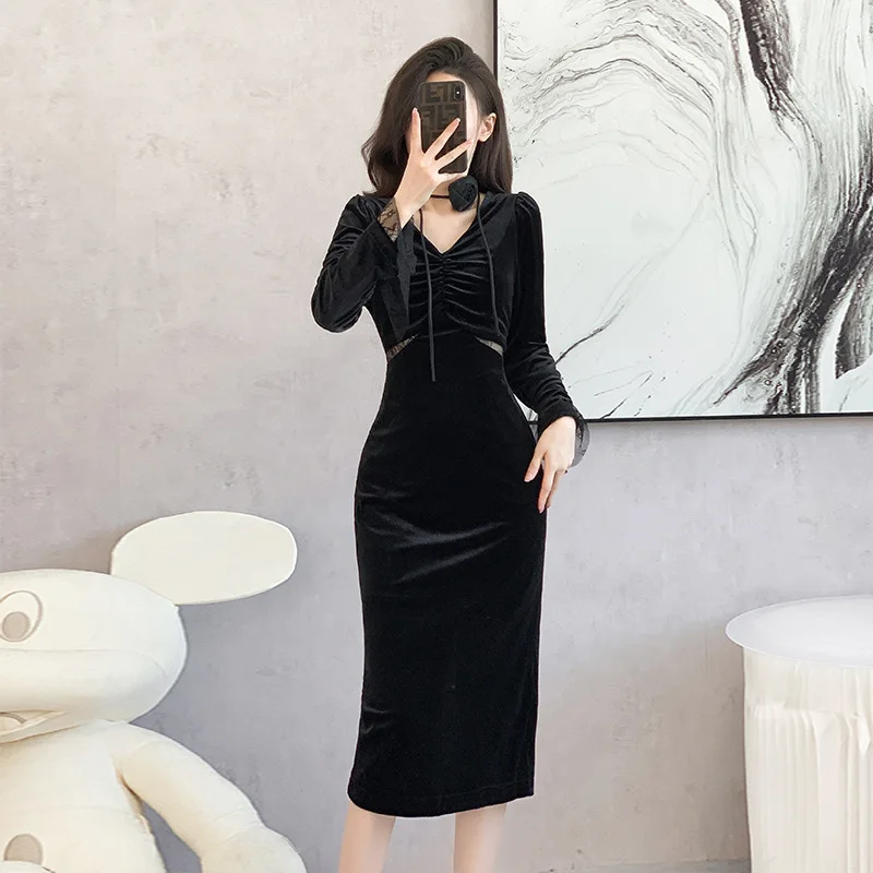 

French Solid A-line Black Dress Golden Velvet Vintage Slit Slim Dresses Autumn and Winter New Elegant Party Dresses for Women