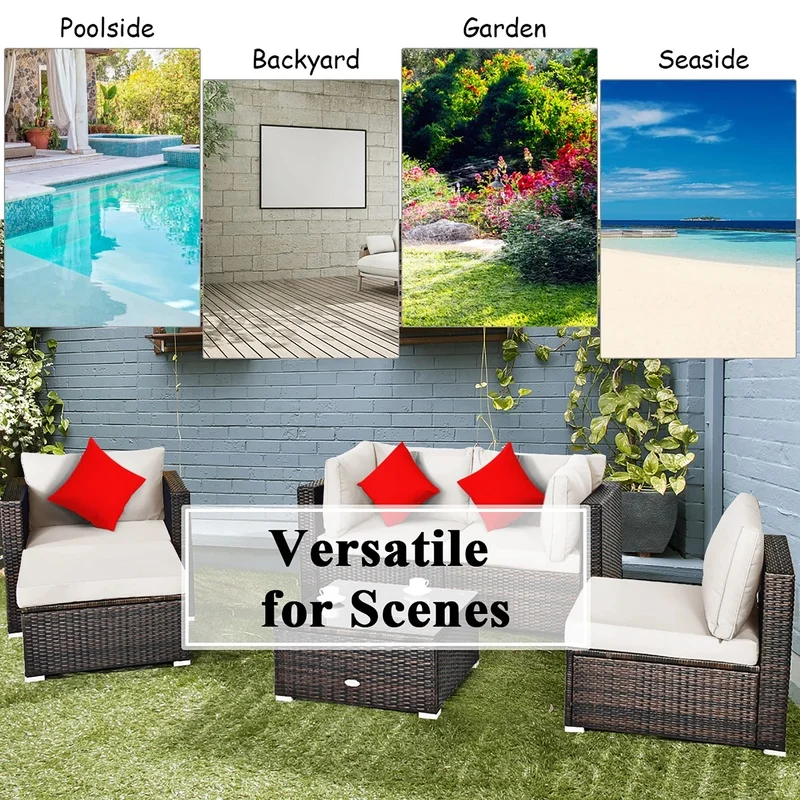 6PCS Patio Rattan Furniture Set Cushion Coffee Table Ottoman White