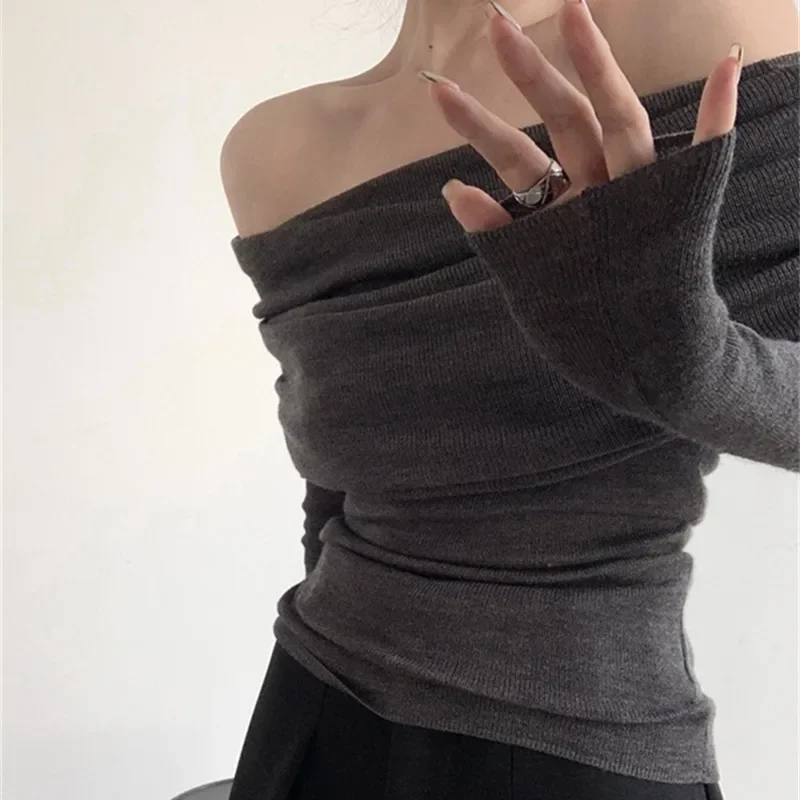 New Large Lapel One-word Shoulder Off-the-shoulder Long-sleeved Knitted Sweater Elegant Retro Casual Solid Color Pullovers