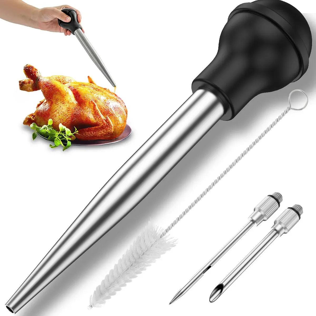 

Turkey Baster Set Stainless Steel Meat Marinade Injector Needle Bulb Cleaning Brush Meat Baster Tool for Kitchen Cooking