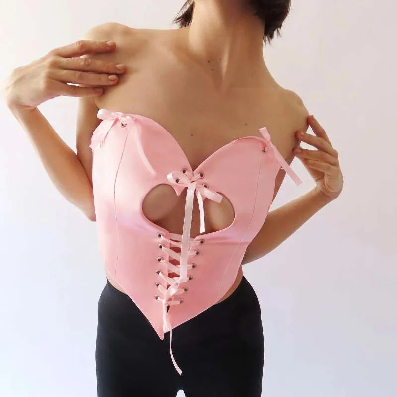 

Zabrina Pink Cut Out Tube Tops For Women 2023 Autumn Sexy Bandage Lace Up Love Crop Tops Y2K Streetwear Party Club Night Out