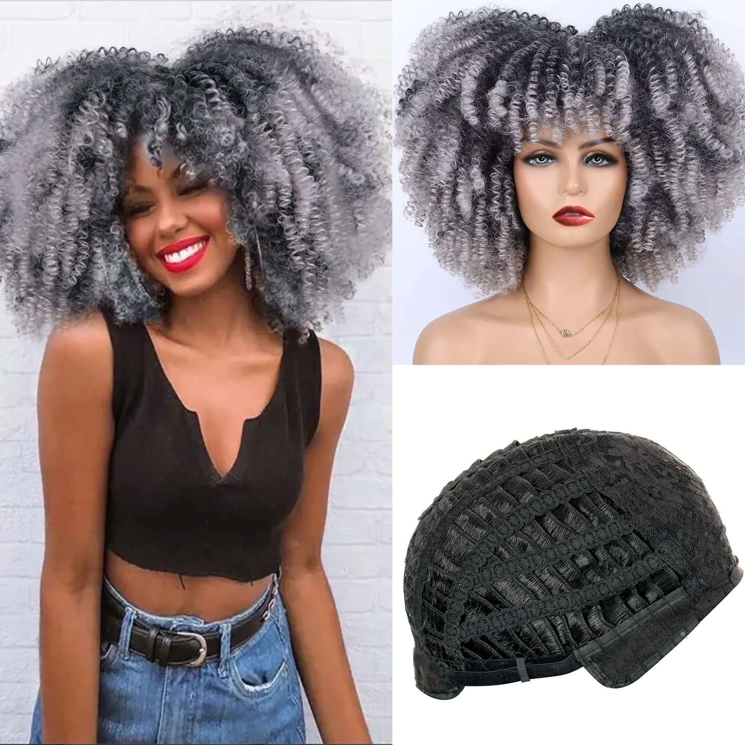 

12Inch Short Afro Kinky Curly Wigs With Bangs For Black Women Synthetic Ombre Natural Heat Resistant Hair Brown Cosplay Wig