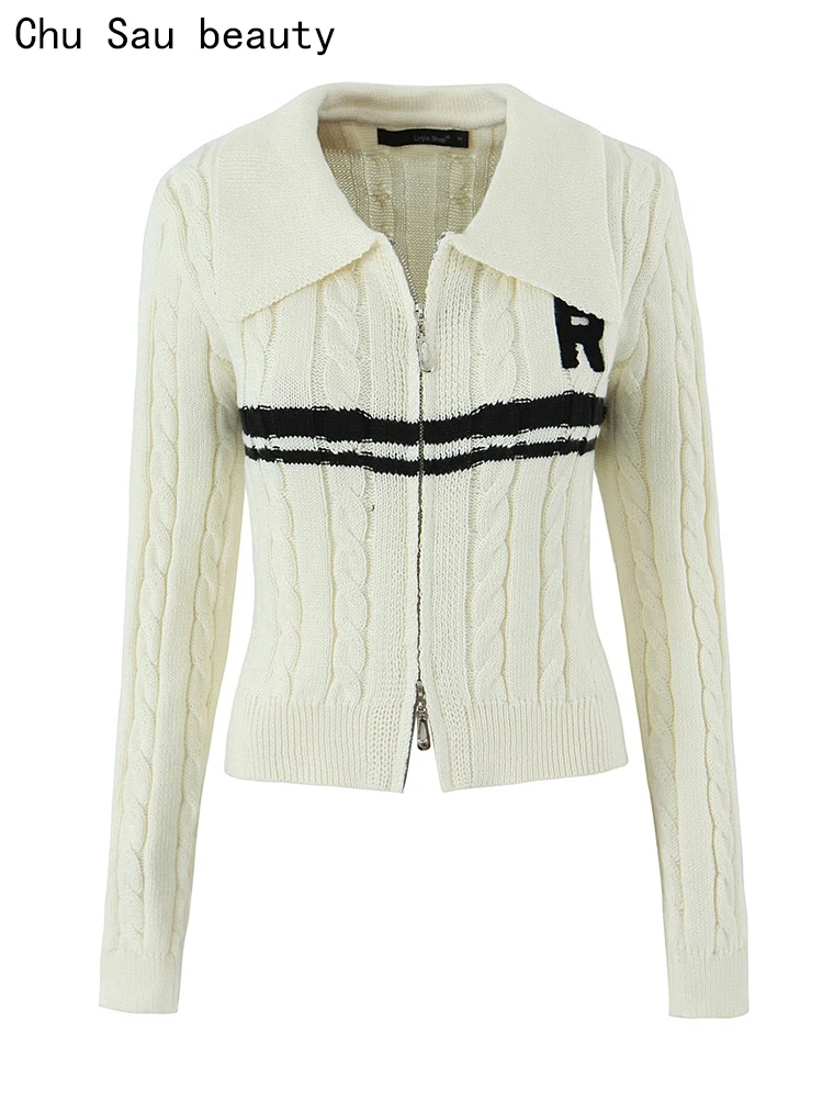 

Chu Sau beauty 2023 Women Autumn New Fashion Sweet Letter Jacquard Knitted Cardigans Cute Lapel Collar Chic Zipper Fly Sweaters