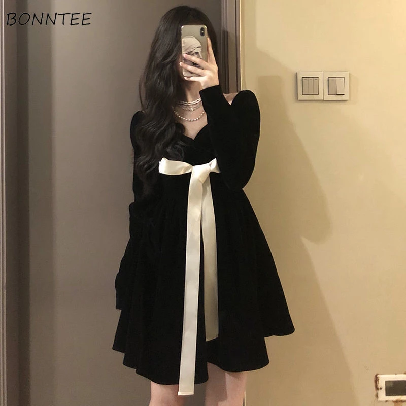 Long Sleeve Dress Women Vintage Ladies Party Knee-length Younger Lovely Schoolgirls Lace-up Square Collar Tender Vestido Spring denim dress