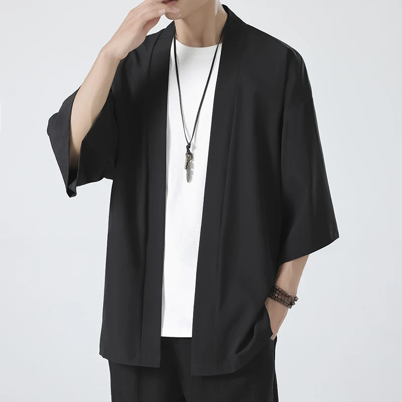 Summer New Men's Lightweight Kimonos Traditional Japanese Clothing Male Open Front Cardigan Cloak Haori Yukata Jacket Coat Black