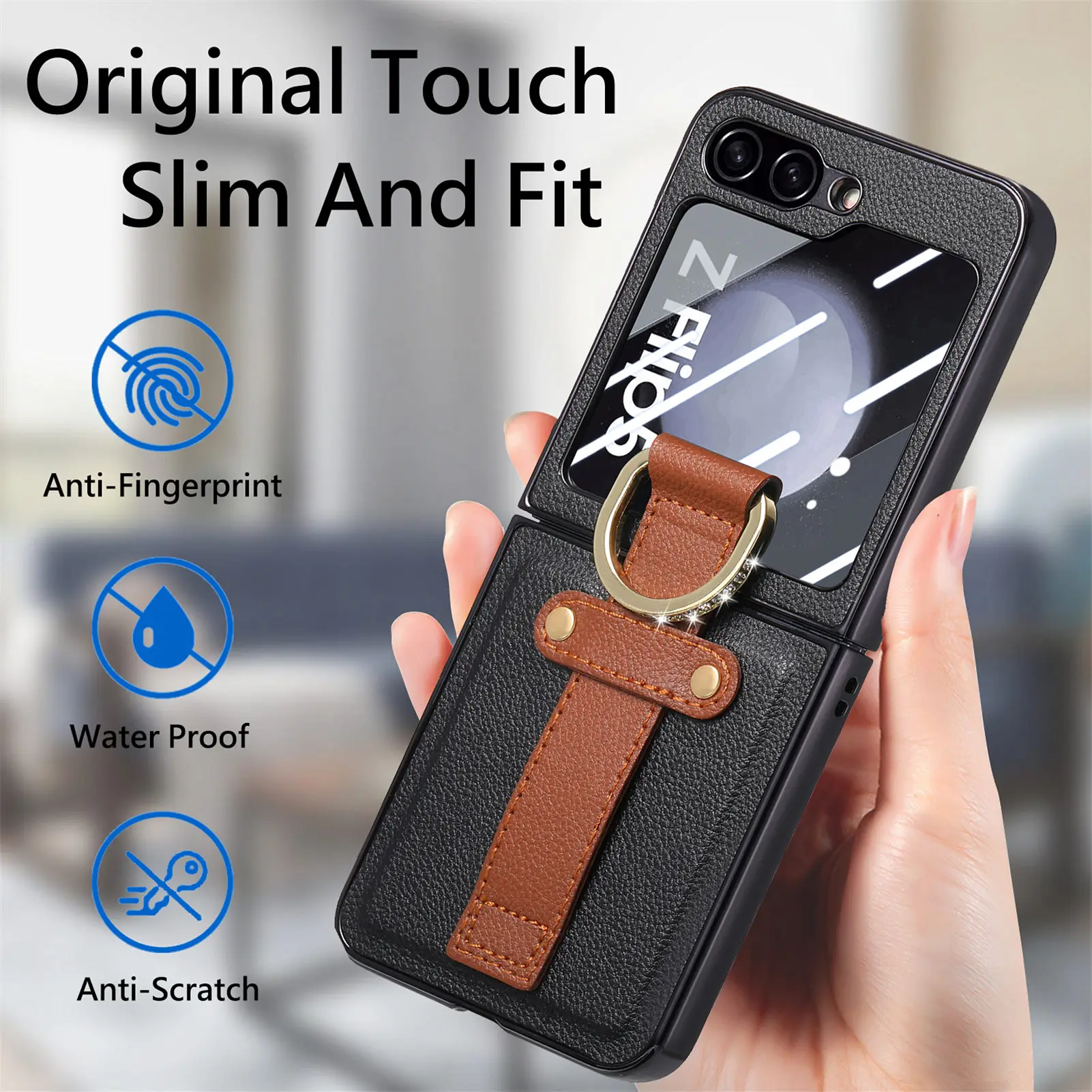 Electroplated Finger Ring Phone Case For Samsung Galaxy Z Flip 5 With Screen Protector Stand Shockproof Leather Cover