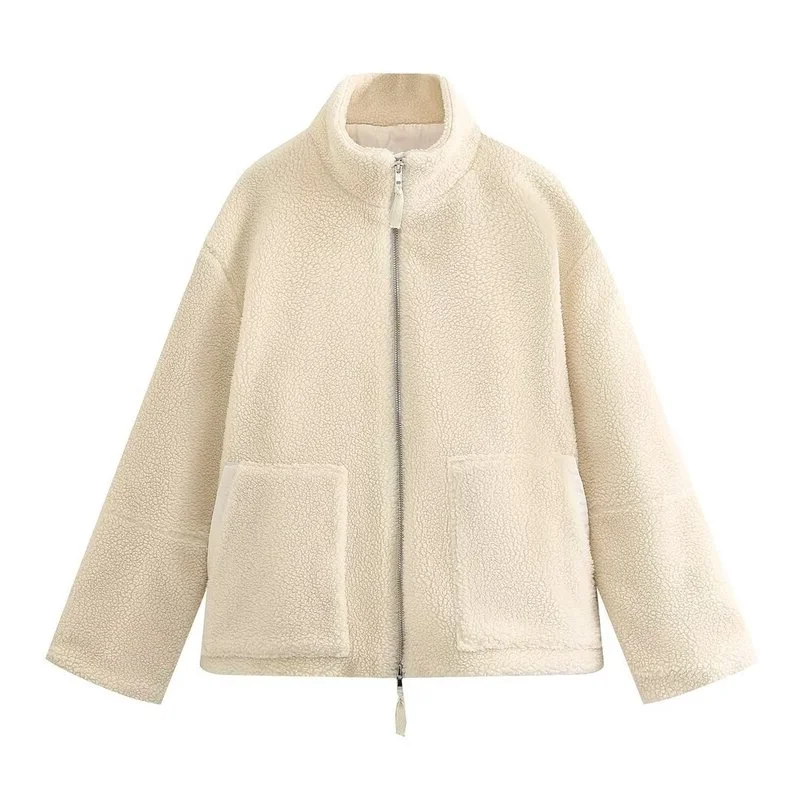 

MUXI-Women's Wool Plush Coat with Zipper, Long Sleeve, Stand Collar, Loose Jackets, Spliced Streetwear, Traf Official Store