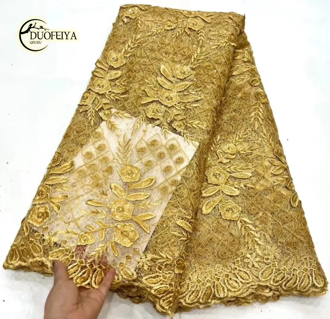 

Latest African Lace Fabric Glod Nigeria Lace Fabric Embroidery Beaded Lace African Bridal Fabric 5 Yards for Wedding Party