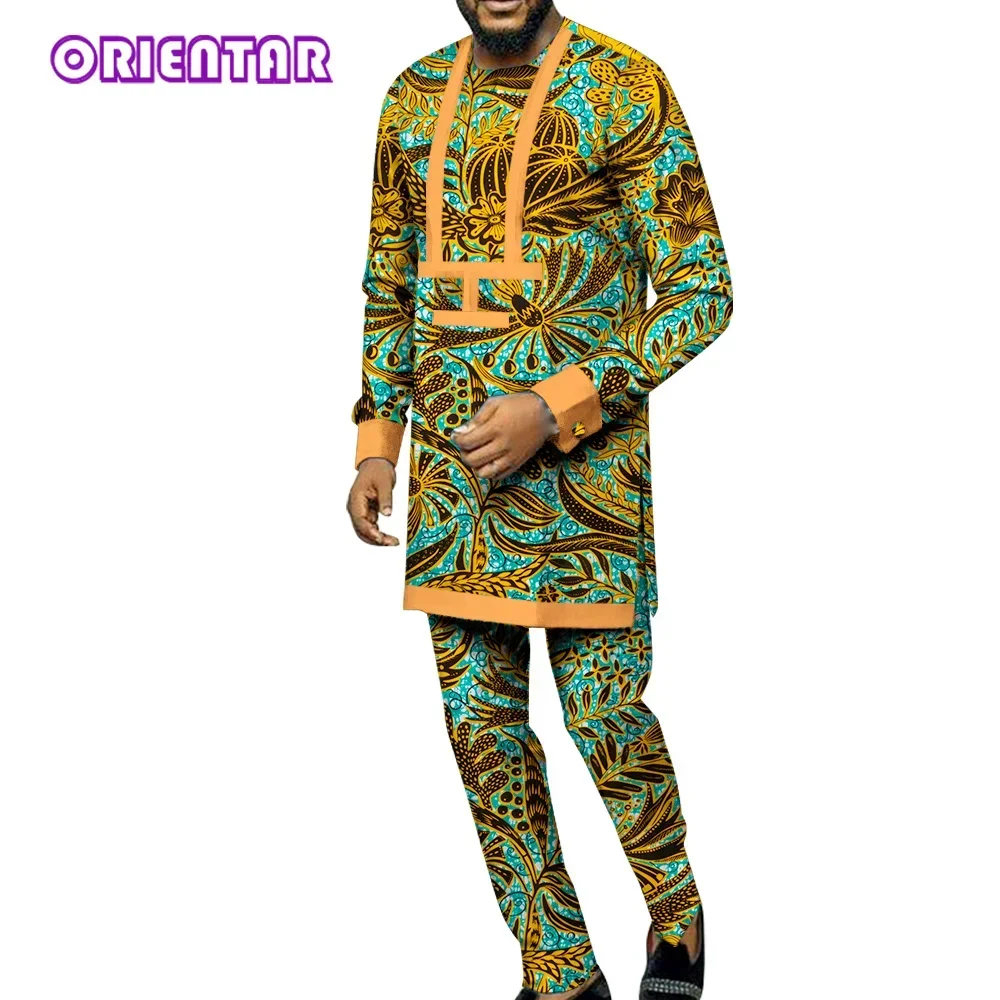 2 Pieces Set Men African Clothes Long Sleeve Print Shirt and Pants African Outfits Set Dashiki Bazin Riche Men Suits WYN991