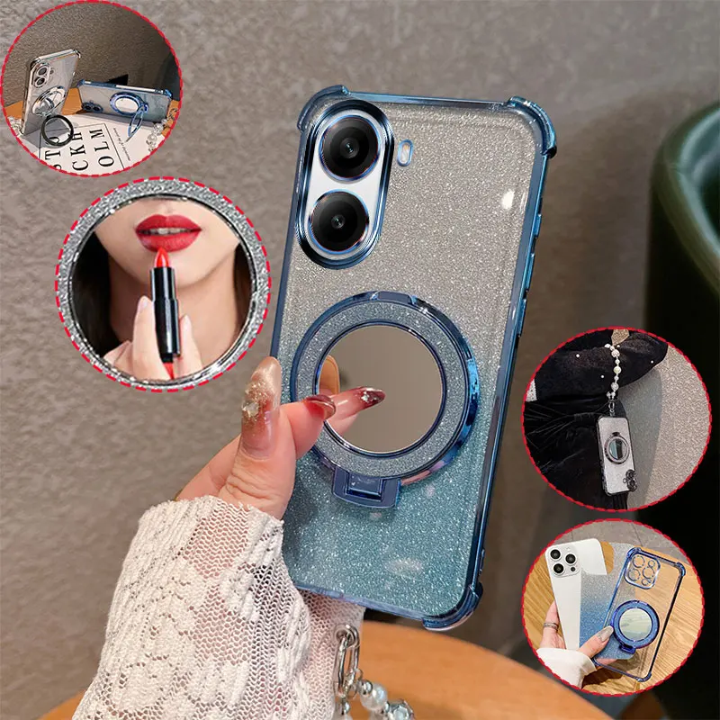 Bling Glitter Lipstick Mirror Phone Case with Pearl Chain and Shockproof Protection