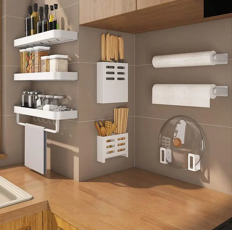 Yujie Kitchen Rack Wall-mounted White Aluminum Alloy Seasoning Rack Home Multi-functional Storage Rack Pot Cover Rack Ae01yjm-11 - Wall Mounted Kitchen Racks - AliExpress - Products to Organize Your Kitchen