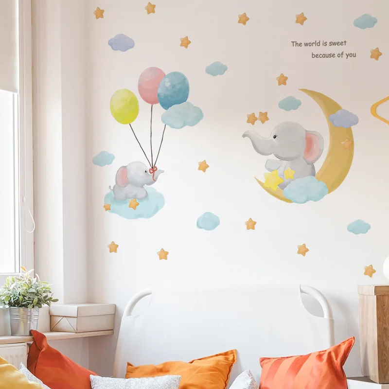 

Cute Moon Elephant Wall Stickers Children Kids rooms Nursery Decor Kindergarten Home Decorative Balloon Vinyl Decals