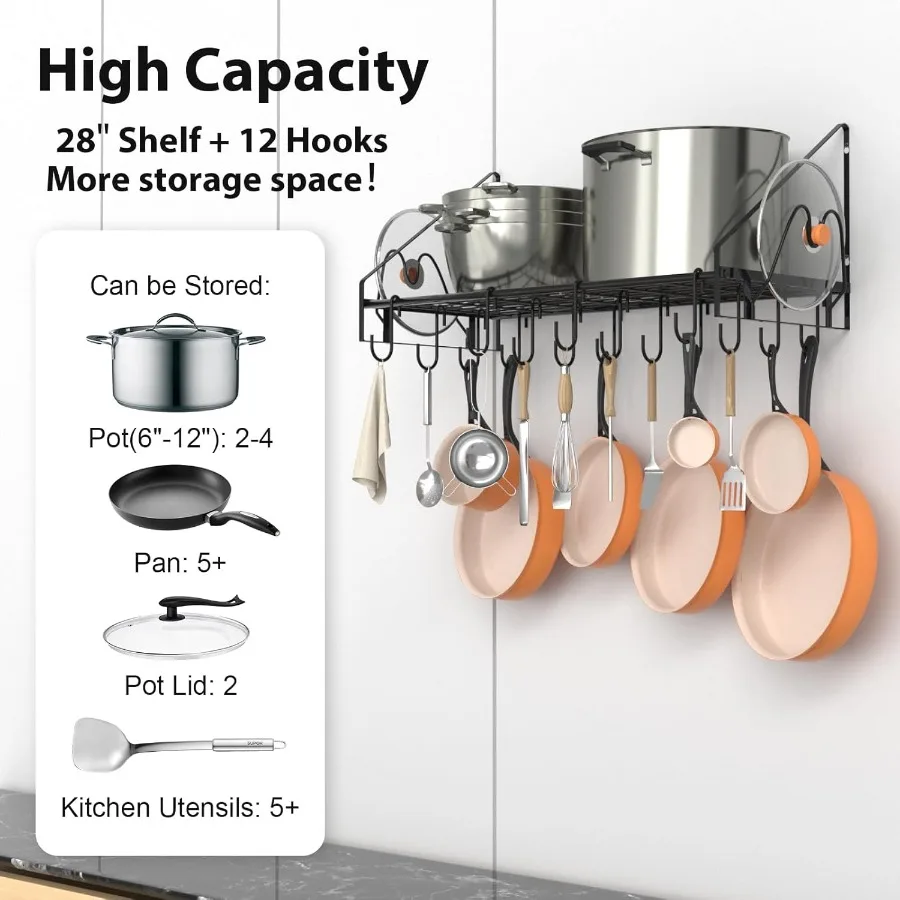 28 Inch Pot Rack Wall Mounted Pots and Pans Organizer with 12 Hooks and 2 Pot Lid Holders Heavy Duty Steel Pot and Pan Hanger f