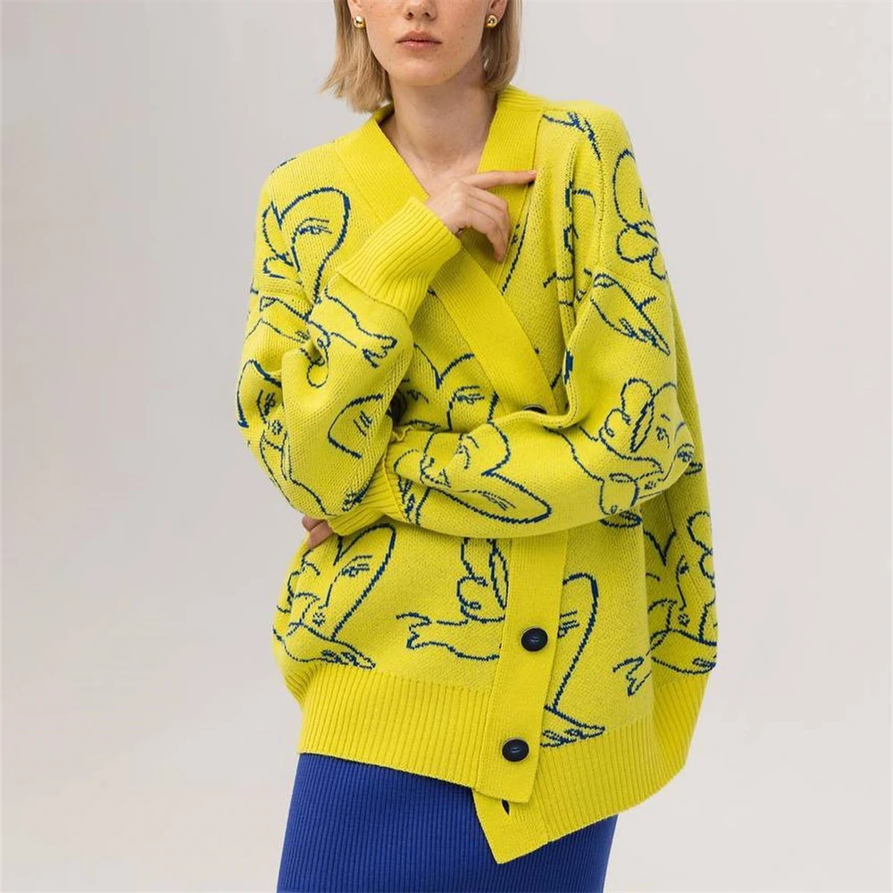 

Повседневный вязаный кардиган с V-образным вырезом, длинный рукав, желтый, синий, свободный, на пуговицах, зимняя модная синяя трикотажная одежда, свитер для женщин 2023