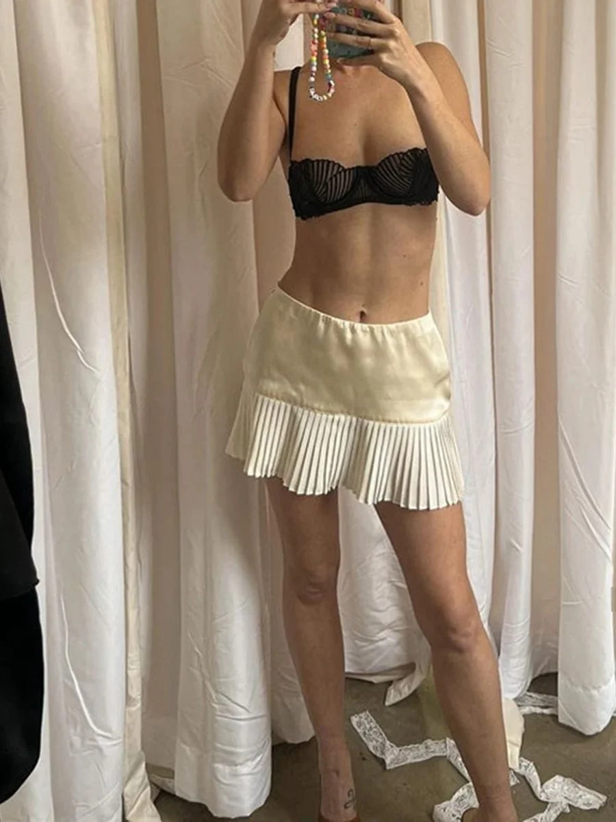 Street Sle High Waist Pleated  Skirt Women's  Color Patchwork Bicolor Cheered ort Skirts for Ladies