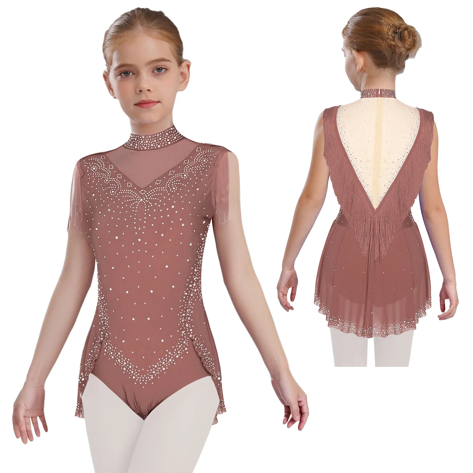 6–16 Jahre Mädchen-Eiskunstlauf-Trikotkleid, ärmellos, Strasssteine, Netz-Quasten-Body für lyrischen lateinamerikanischen Tanz, Ballett, Gymnastik – Detail 15