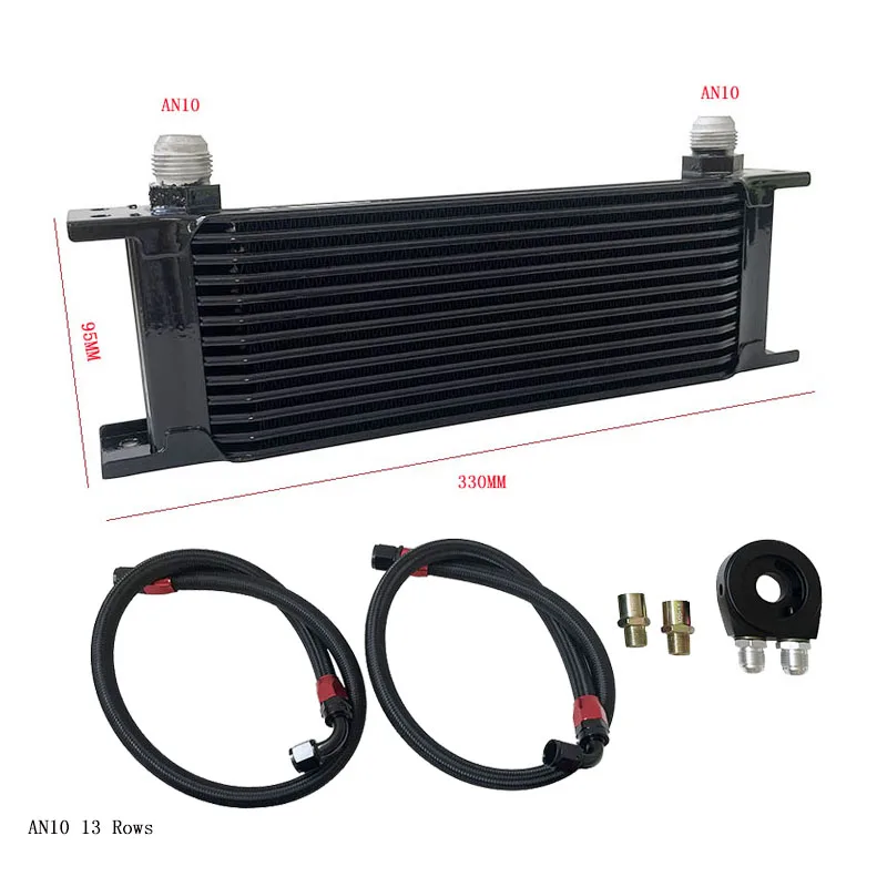 Universal Oil Cooler Kit 13-25 Rows Oil Filter Sandwich Adapter + Nylon Stainless Steel Braided An10 Hose